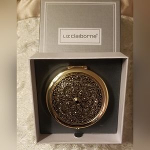 Liz Claiborne Magnifying Compact Gold Jeweled Mirror  